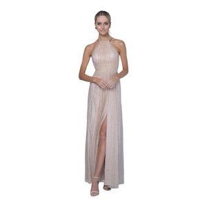 BARIANO Australia Size XS High Neck Champagne Glitter Gown Halter Evening Gold